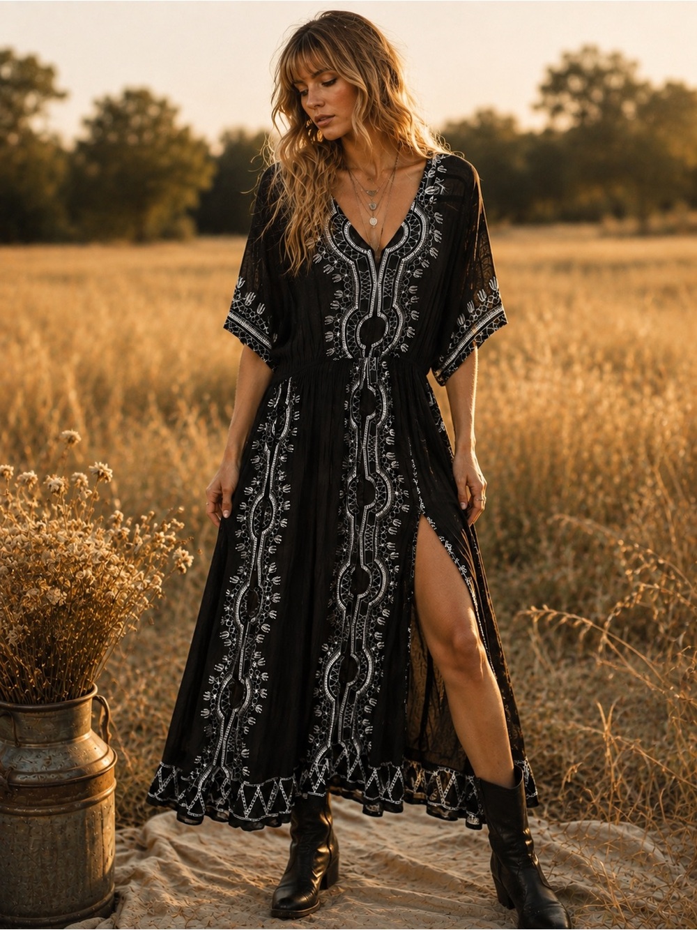 Boho Embroidered Black Midi Dress Made in India, Beach Cover up Resort